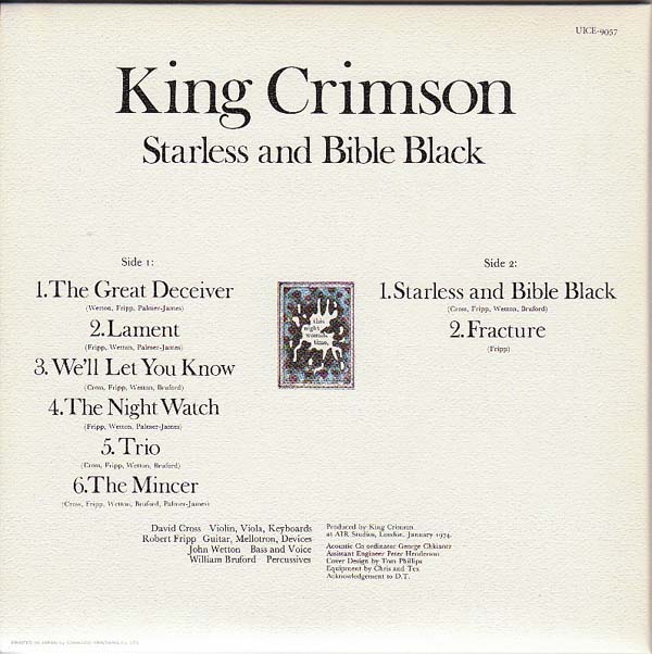 Back Cover, King Crimson - Starless And Bible Black